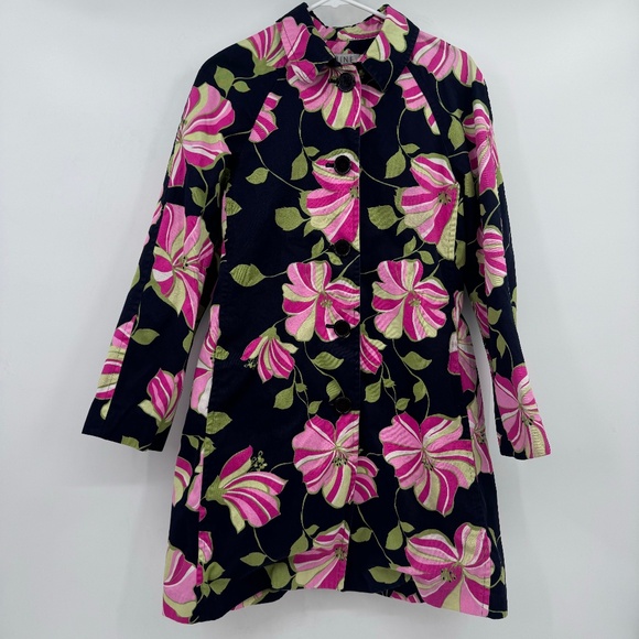 Nine & Co. Jackets & Blazers - Nine Company Coat Women 8 Blue Pink Floral Light Trench Button Up Long Sleeve